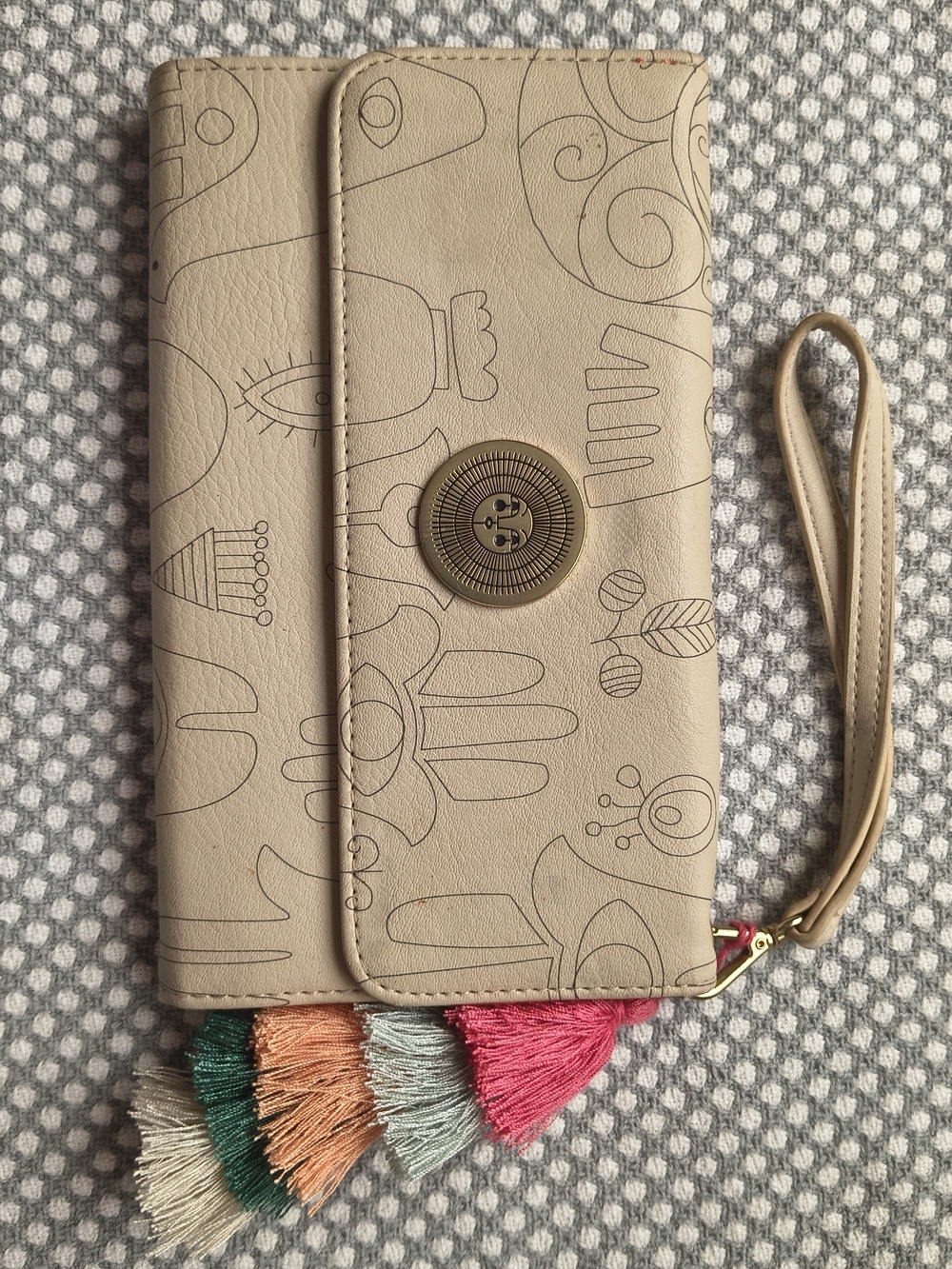 Beige Wristlet Clutch Wallet with Tassel Accent